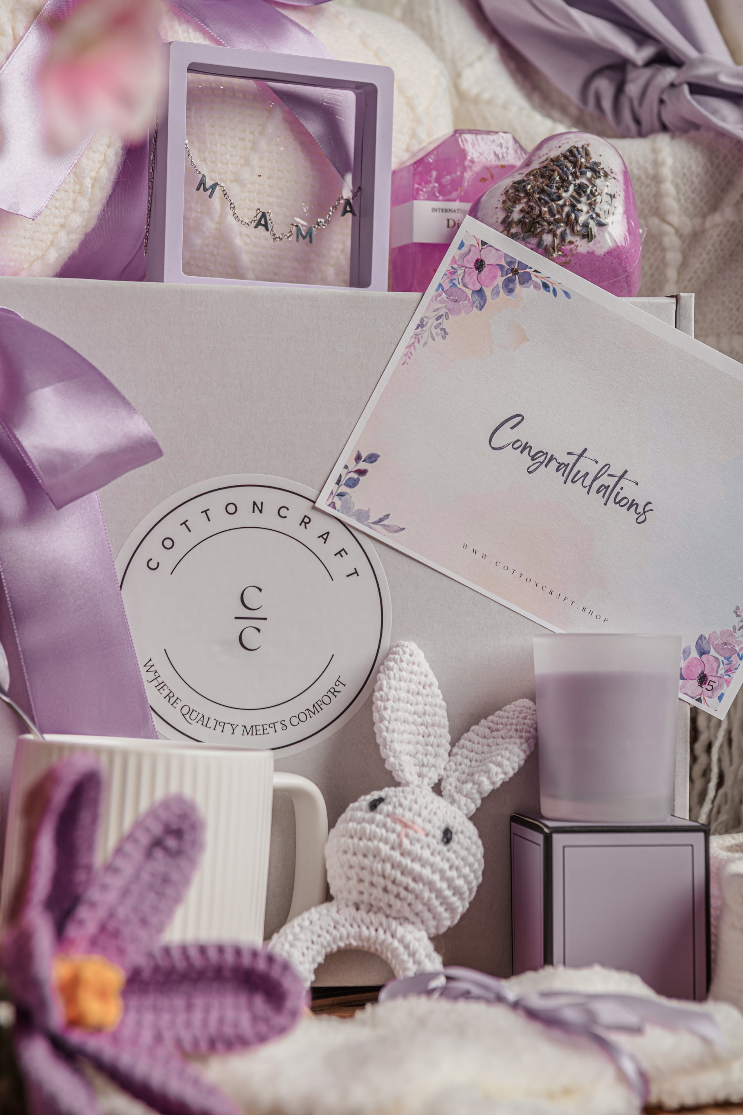 Cotton Craft Baby Gift Box Luxe Lavender Mama & Baby Ultimate Gift Bundle – Luxury Baby Shower Gift Basket for Mom & Baby Personalized and custom baby gifts