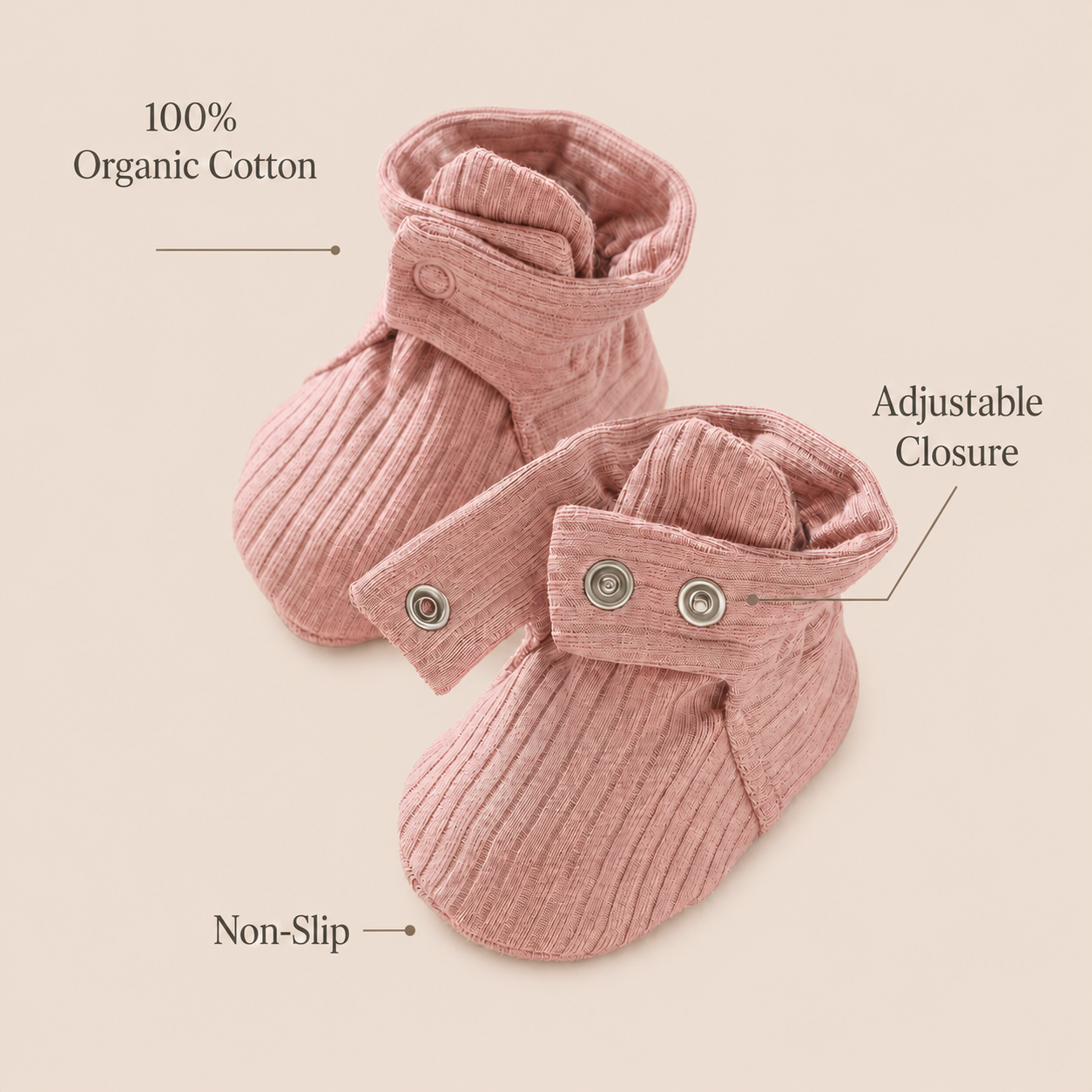 Premium baby booties made from breathable organic cotton muslin for everyday comfort.