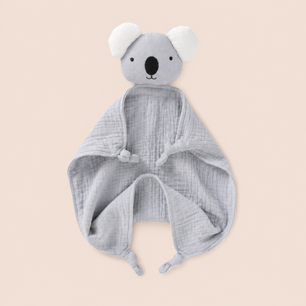 Premium organic cotton muslin koala lovey for newborns, baby showers, and nursery essentials.