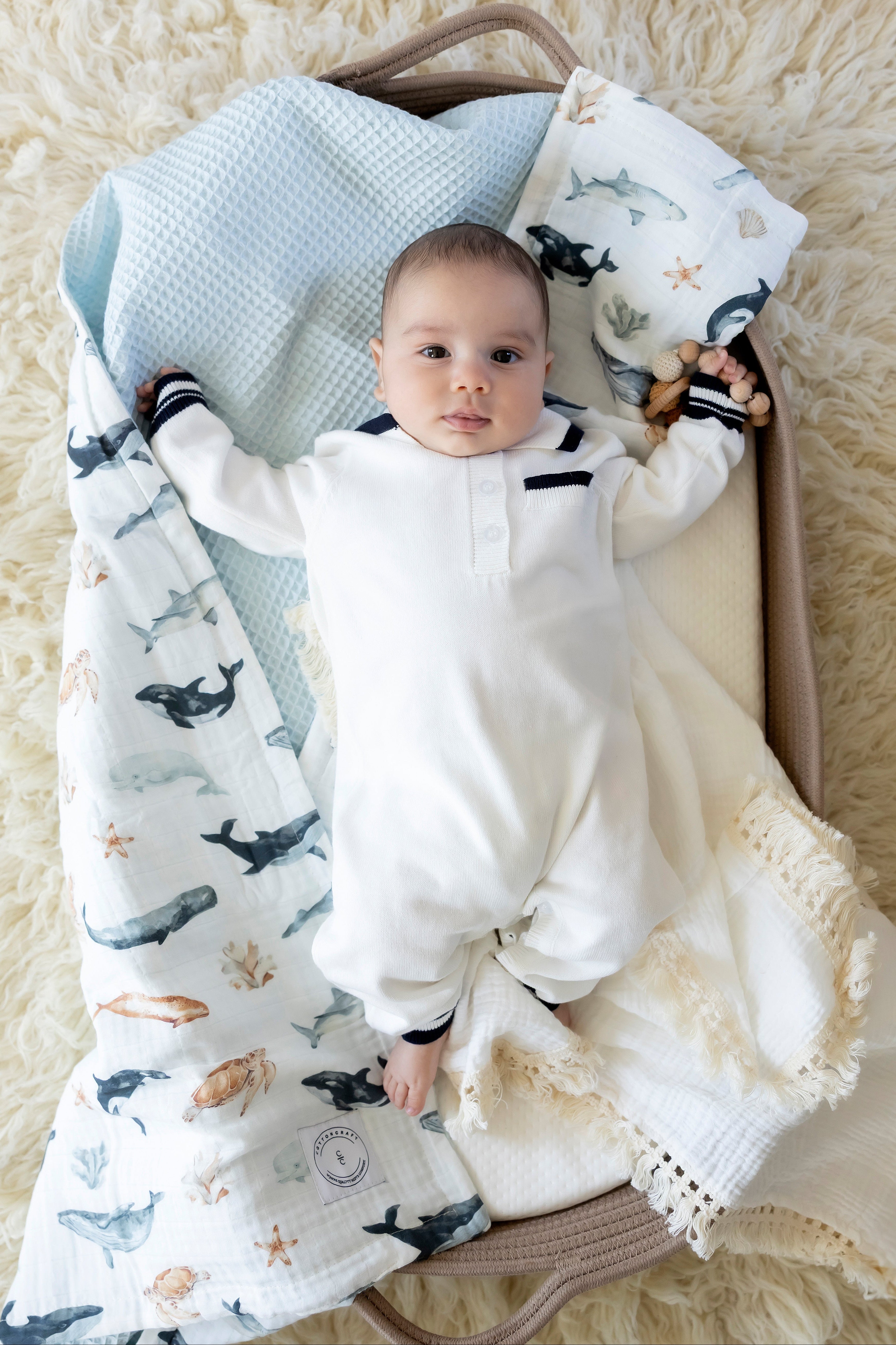 Ocean Friends  Reversible Bamboo Muslin & Cotton Waffle Baby Blanket