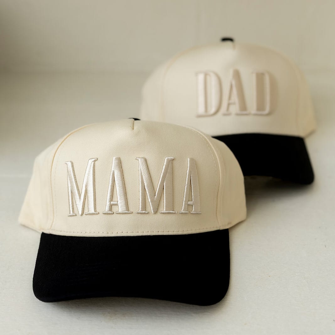 Cotton Craft Baseball Caps Mama + Dad Embroidered Baseball Cap Set Personalized and custom baby gifts