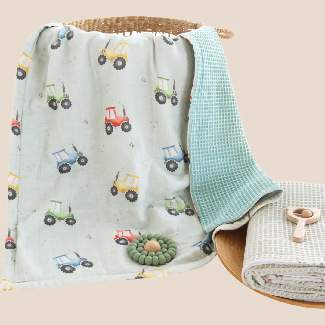 Bamboo Cotton Reversible Baby Blanket - Farm Friends Print
